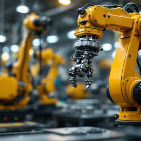 A photograph of a scara industrial robot in action