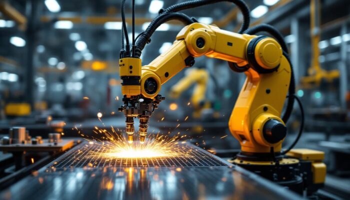 A photograph of a sleek industrial robotic arm in action