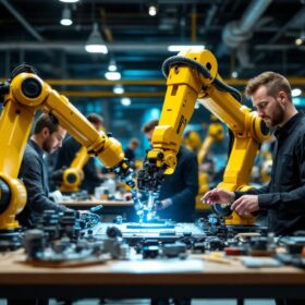 A photograph of a dynamic industrial robotics workspace in boston