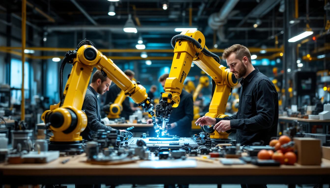 A photograph of a dynamic industrial robotics workspace in boston
