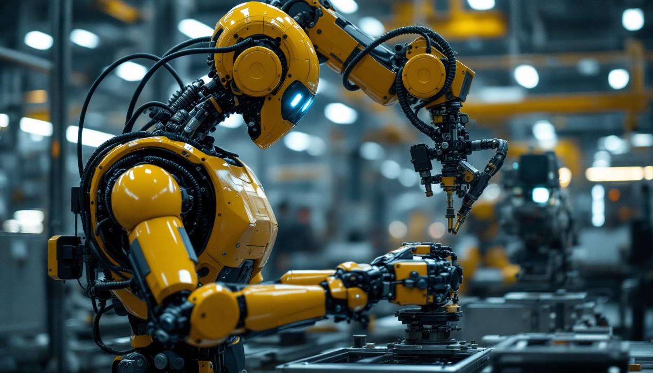 A photograph of a sleek industrial robot in action within a modern manufacturing environment