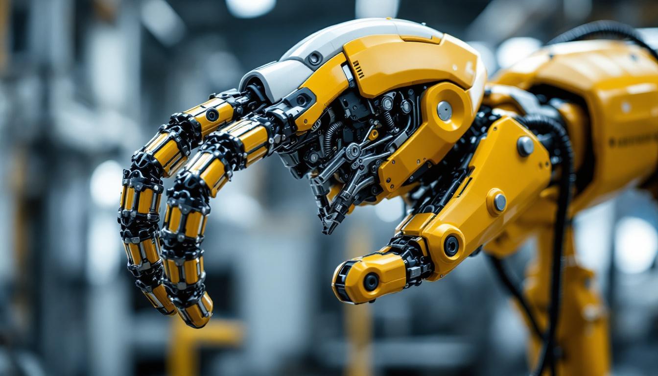 A photograph of a close-up of an industrial robotic arm with a half-face design