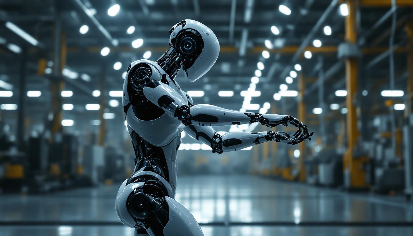 A photograph of a sleek industrial robot gracefully performing a ballet pose in a factory setting