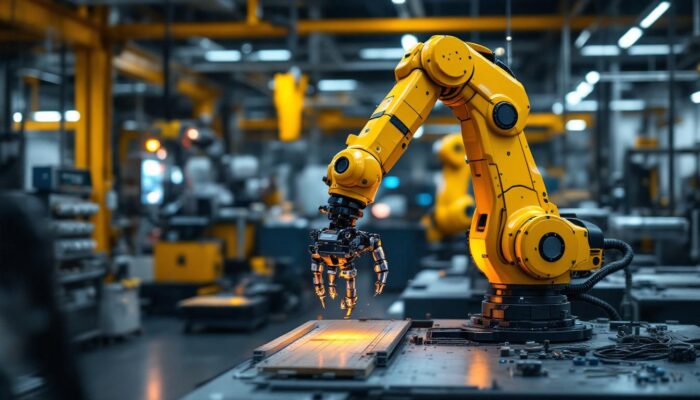 A photograph of a sleek industrial robotic arm in action within a modern manufacturing environment