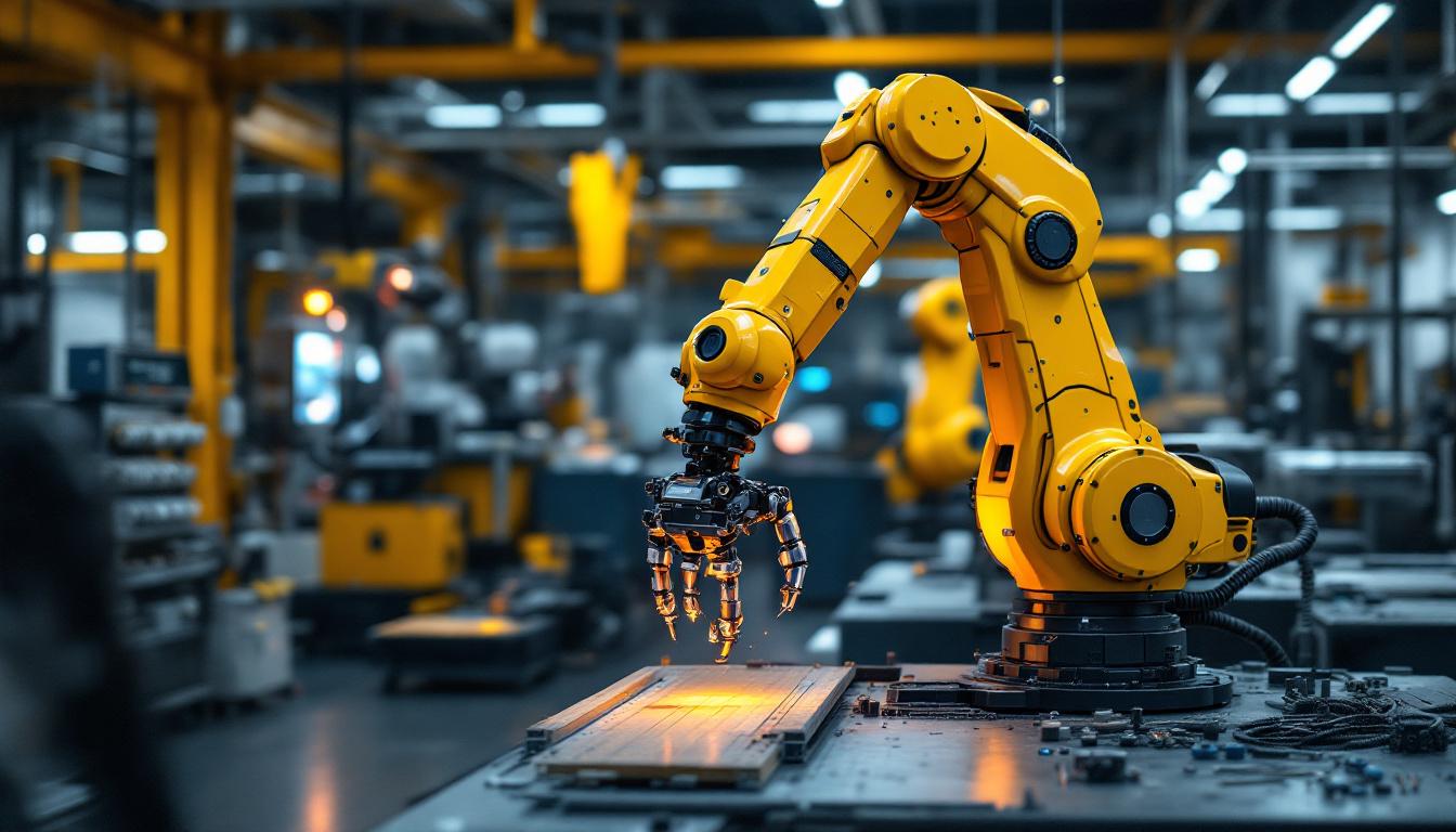 A photograph of a sleek industrial robotic arm in action within a modern manufacturing environment