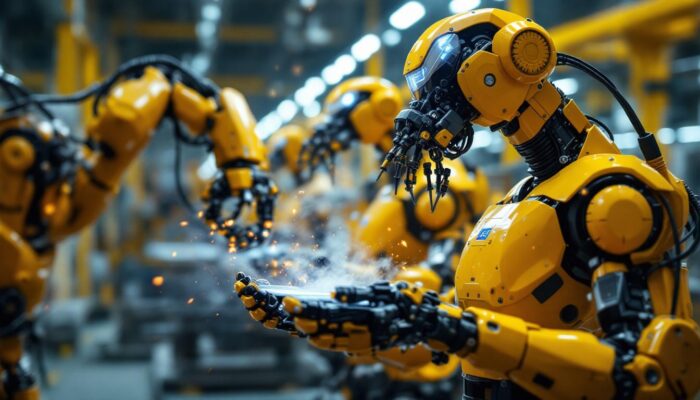 A photograph of a dynamic scene featuring industrial robots in action