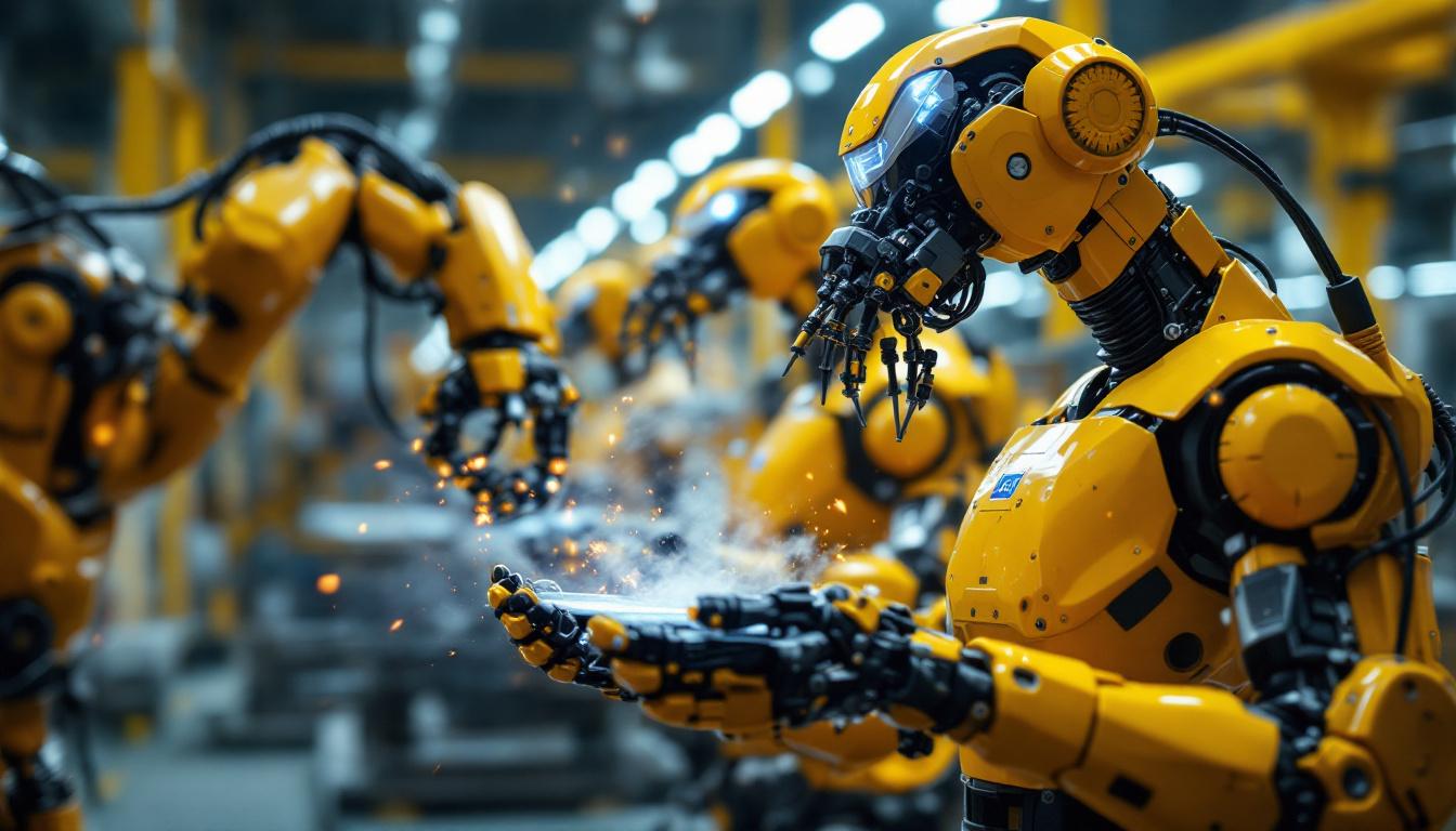 A photograph of a dynamic scene featuring industrial robots in action