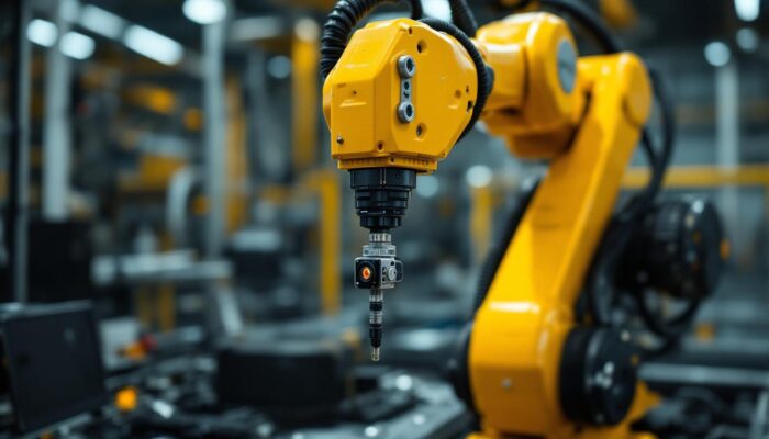 A photograph of an industrial robotic arm equipped with an acoustic imager in action