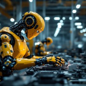 A photograph of capture a photograph of an industrial robot in action on a factory floor