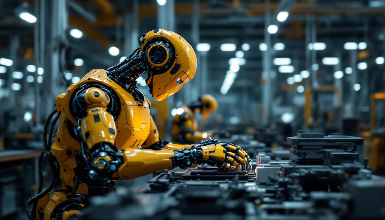 A photograph of capture a photograph of an industrial robot in action on a factory floor