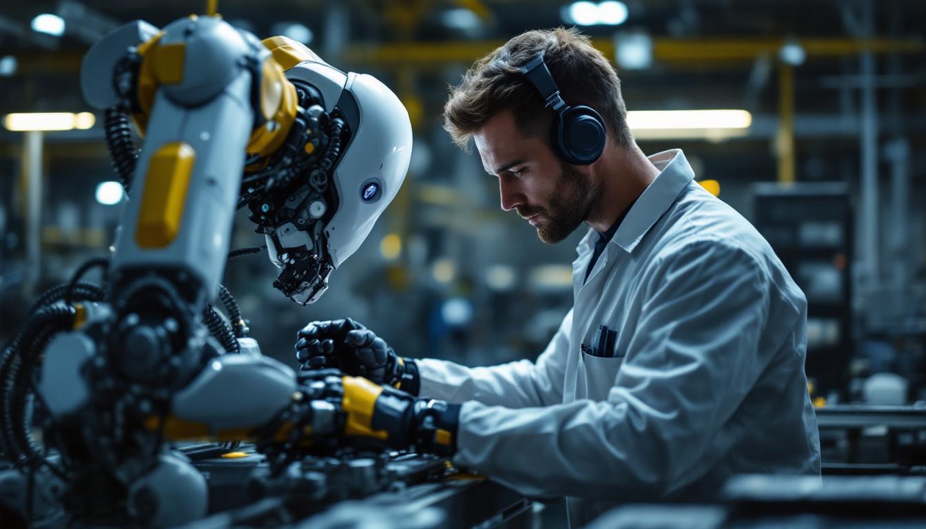 A photograph of a skilled technician working alongside an industrial robot in a modern manufacturing setting