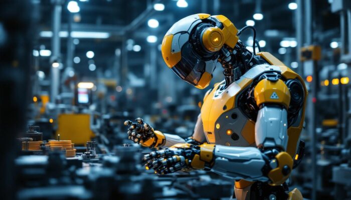 A photograph of a sleek and advanced industrial robot in action on a factory floor
