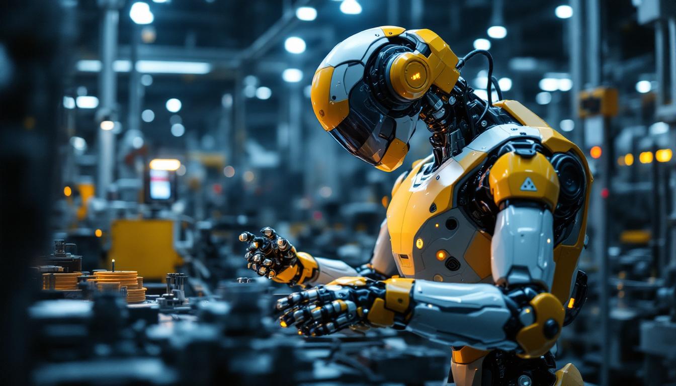 A photograph of a sleek and advanced industrial robot in action on a factory floor