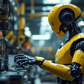 A photograph of a humanoid robot in an industrial setting