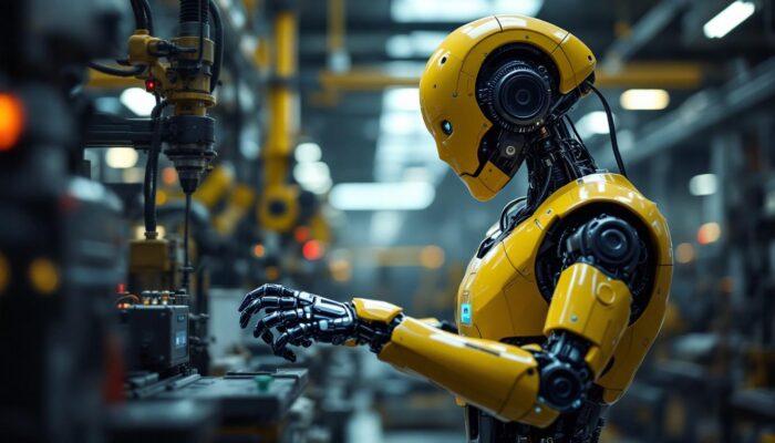 A photograph of a humanoid robot in an industrial setting