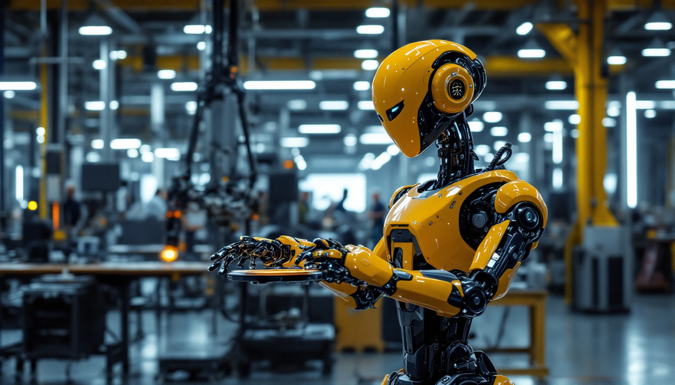 A photograph of a tesla robot prototype in an industrial setting