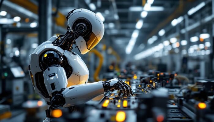 A photograph of a sleek industrial robot in action