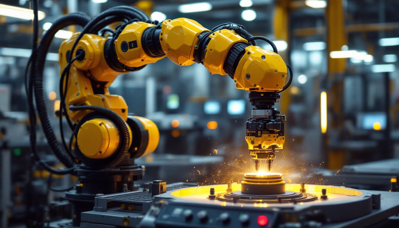 A photograph of a sleek industrial robotic arm in action