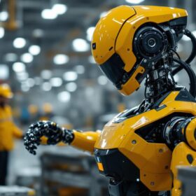 A photograph of a hyundai boston dynamics robot in action within an industrial setting