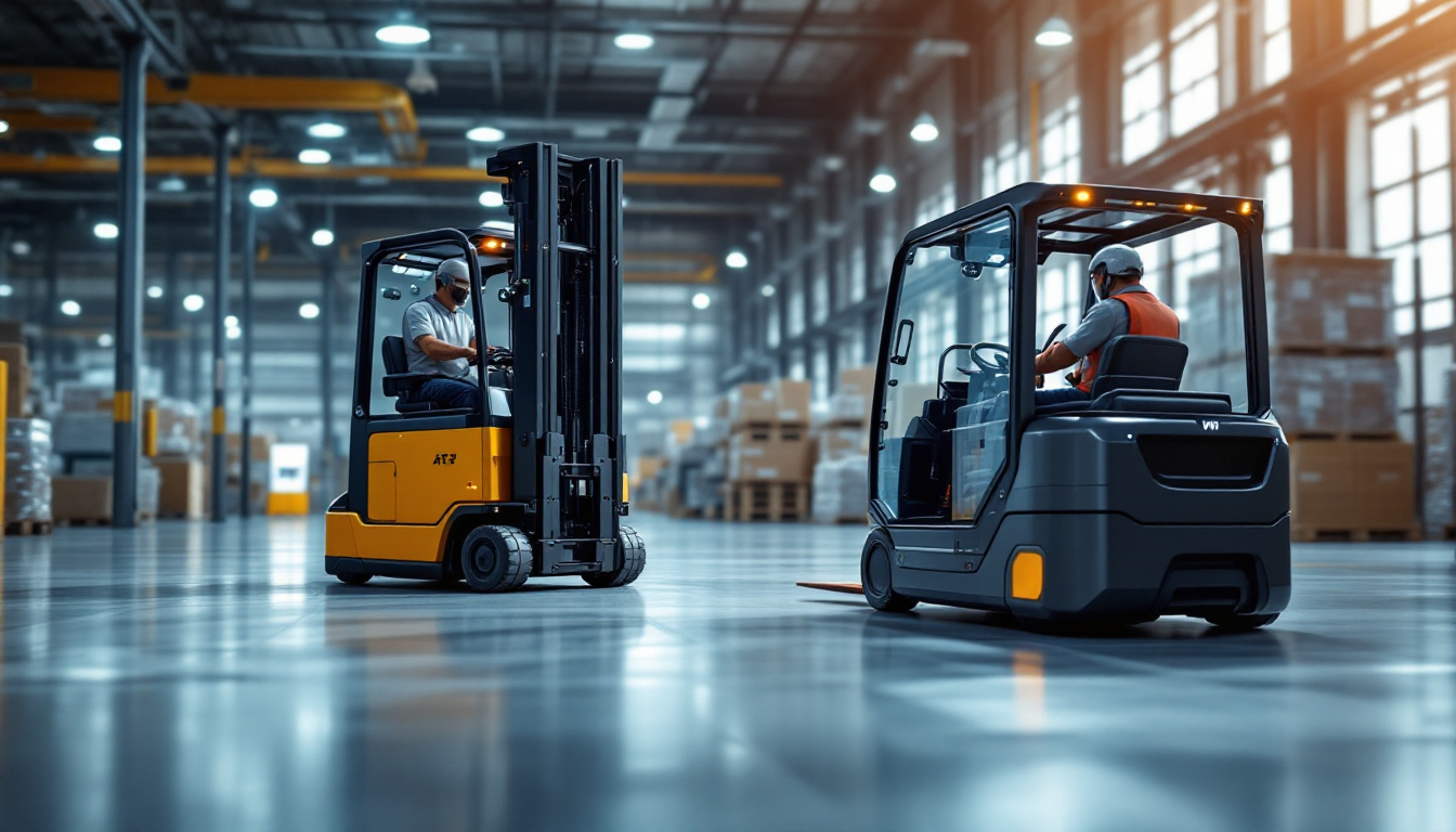 A photograph of a modern agv forklift in action within an industrial warehouse setting
