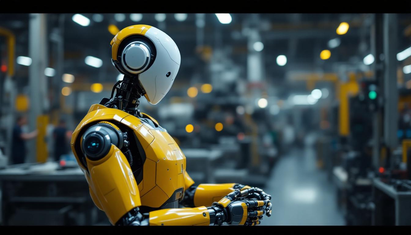 A photograph of a humanoid industrial robot in action within a manufacturing environment