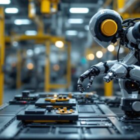 A photograph of a hyundai industrial robot in action on a factory floor