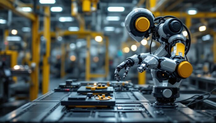A photograph of a hyundai industrial robot in action on a factory floor