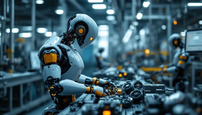 A photograph of a sleek industrial robot in action within a modern manufacturing environment
