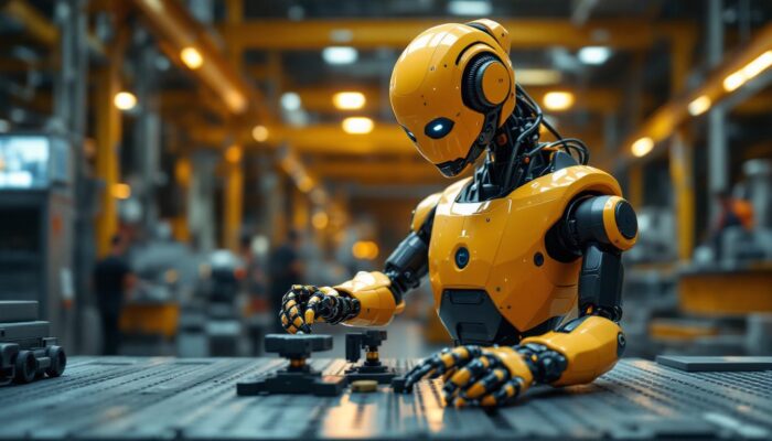 A photograph of a sleek atlas robot in an industrial setting
