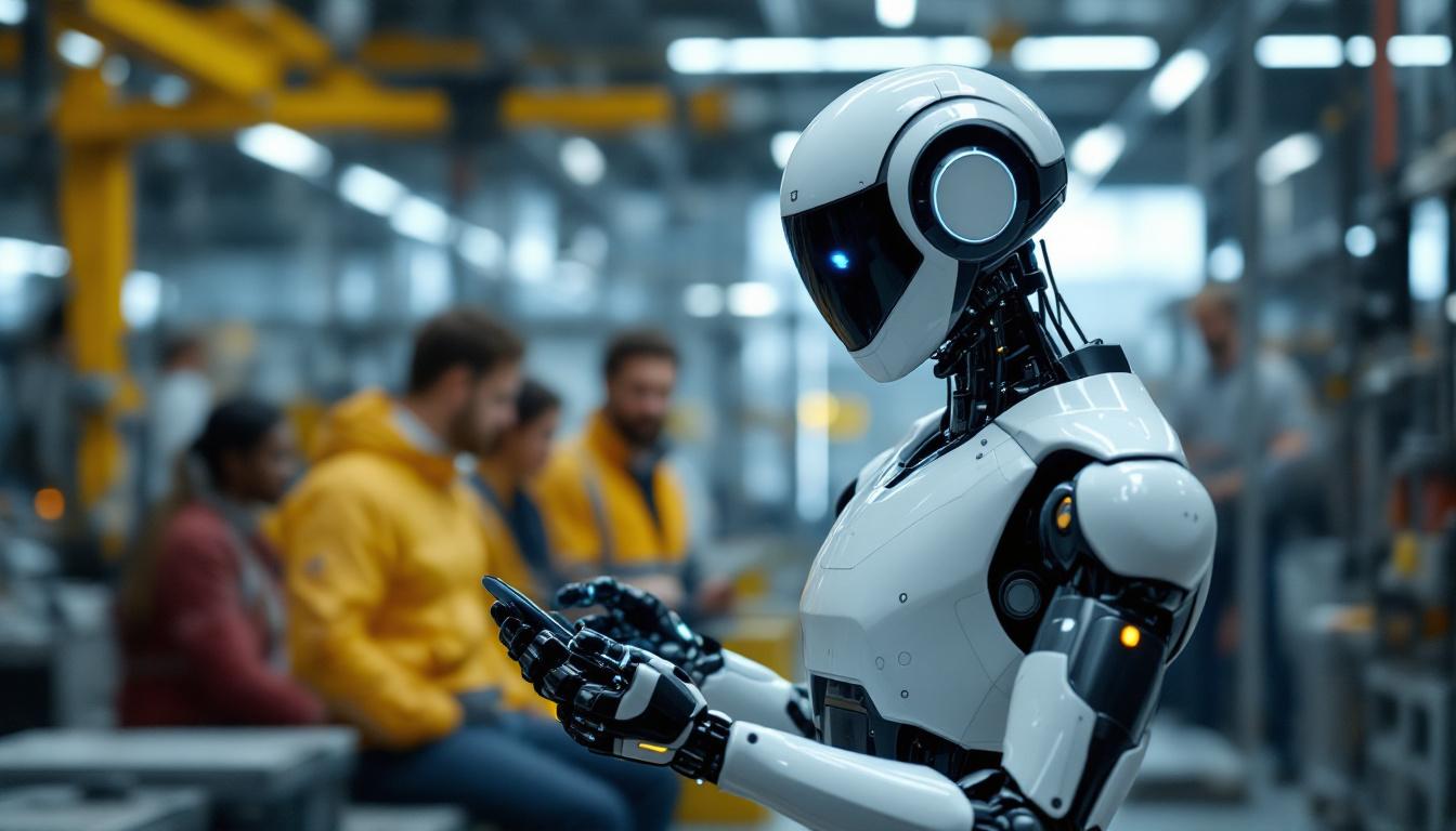 A photograph of a humanoid robot interacting with humans in an industrial setting