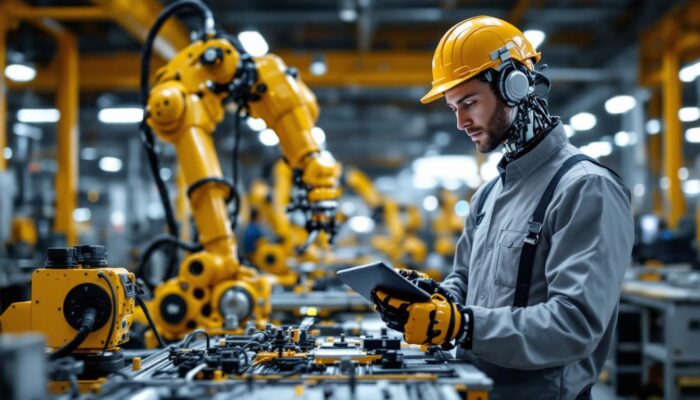A photograph of a skilled technician programming or operating an industrial robot in a modern manufacturing facility