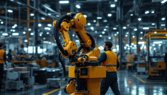 A photograph of a modern automatic guided vehicle (agv) in action within an industrial setting