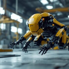 A photograph of a dynamic parkour robot in action