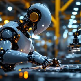A photograph of a sleek industrial robot in action within a modern manufacturing environment