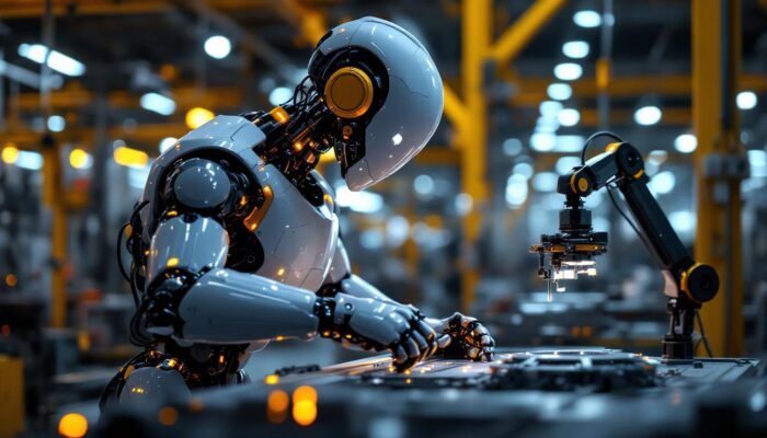 A photograph of a sleek industrial robot in action within a modern manufacturing environment