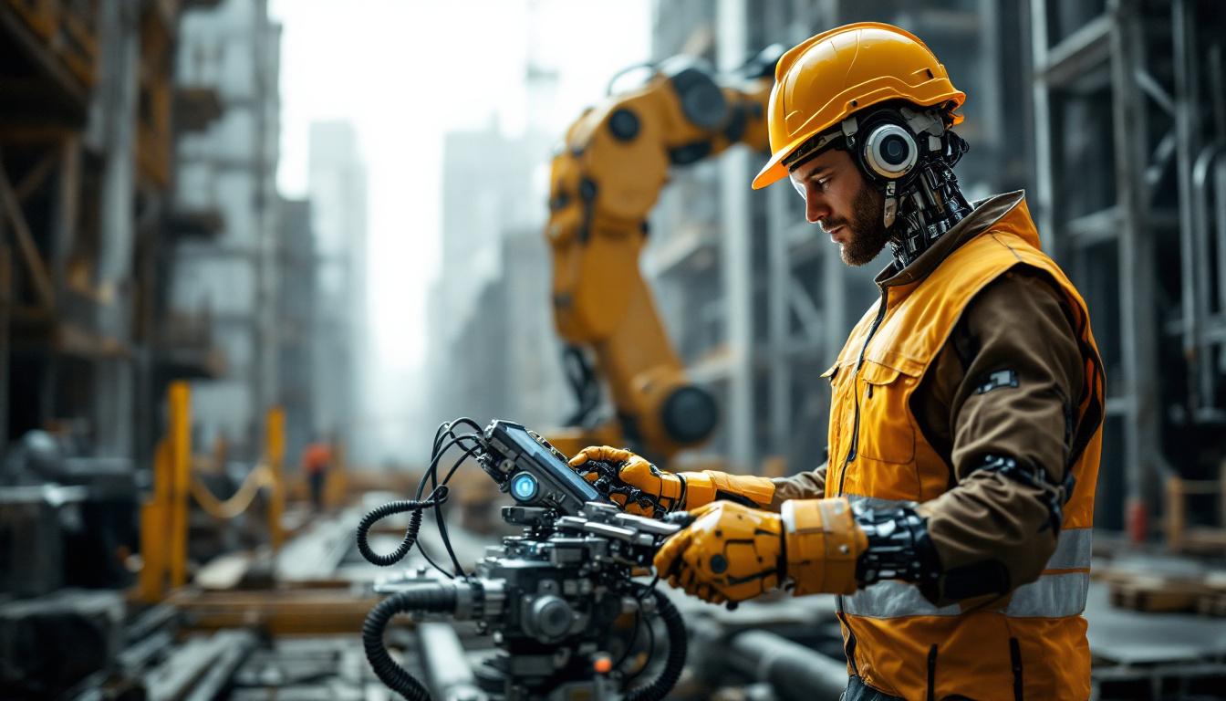 A photograph of a skilled technician operating an industrial robot on a construction site