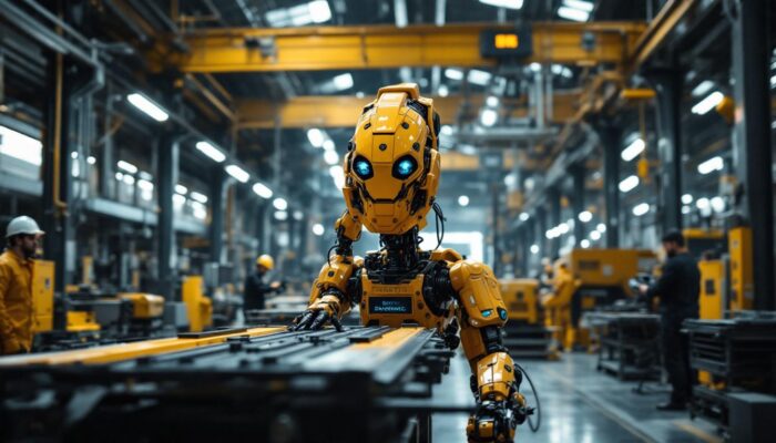 A photograph of a boston dynamics robot in action within an industrial setting