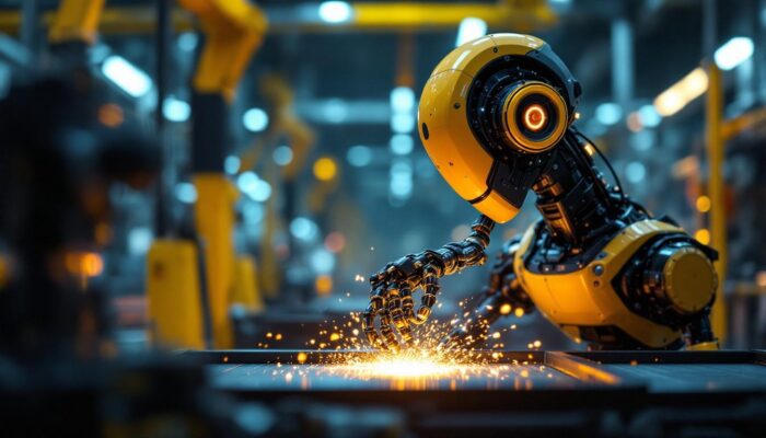A photograph of a sleek industrial robot in action
