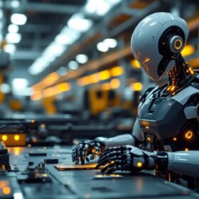 A photograph of a sleek industrial robot in action within a manufacturing environment