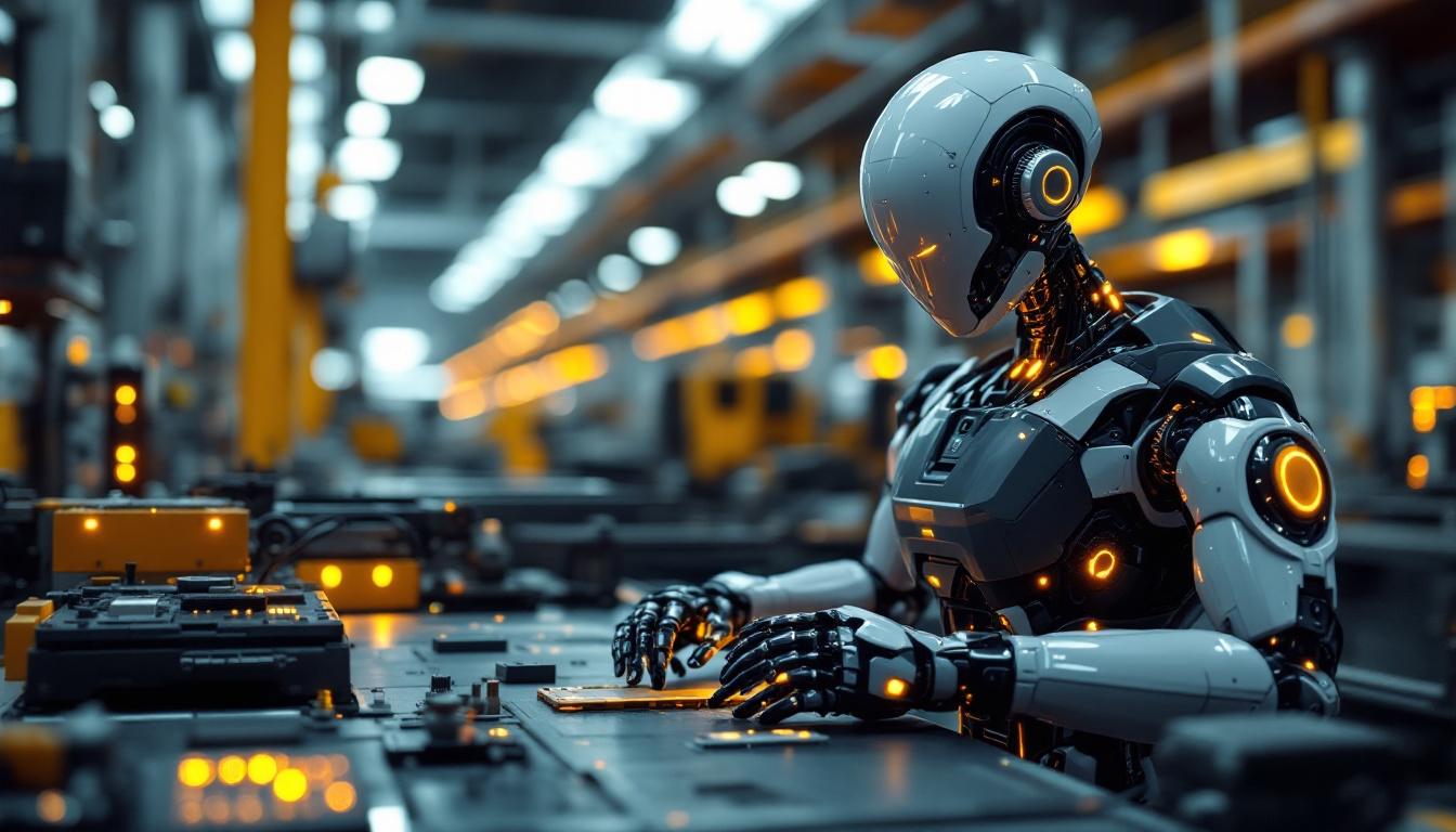 A photograph of a sleek industrial robot in action within a manufacturing environment