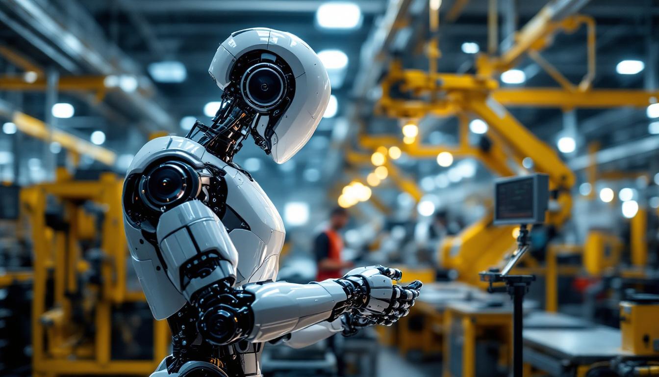 A photograph of a sleek industrial robot in action within a modern manufacturing facility