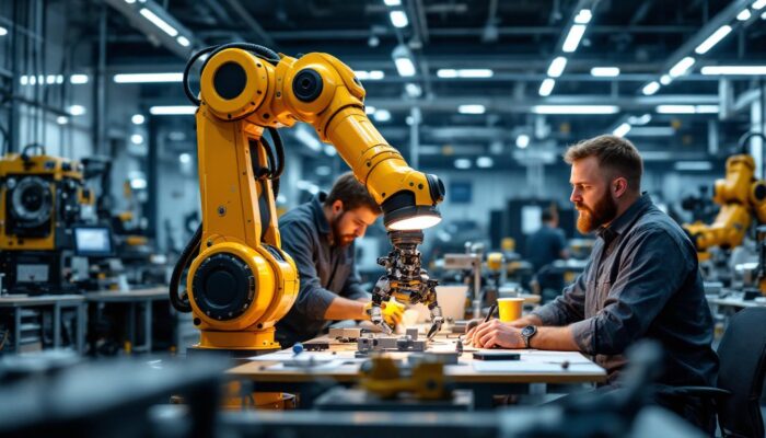A photograph of a dynamic industrial robotics workspace in boston