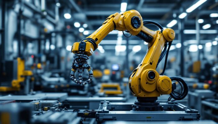 A photograph of a sleek industrial robotic arm in action within a modern manufacturing environment