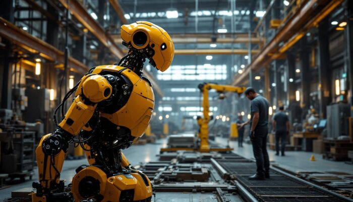 A photograph of a boston dynamics robot in action within an industrial setting