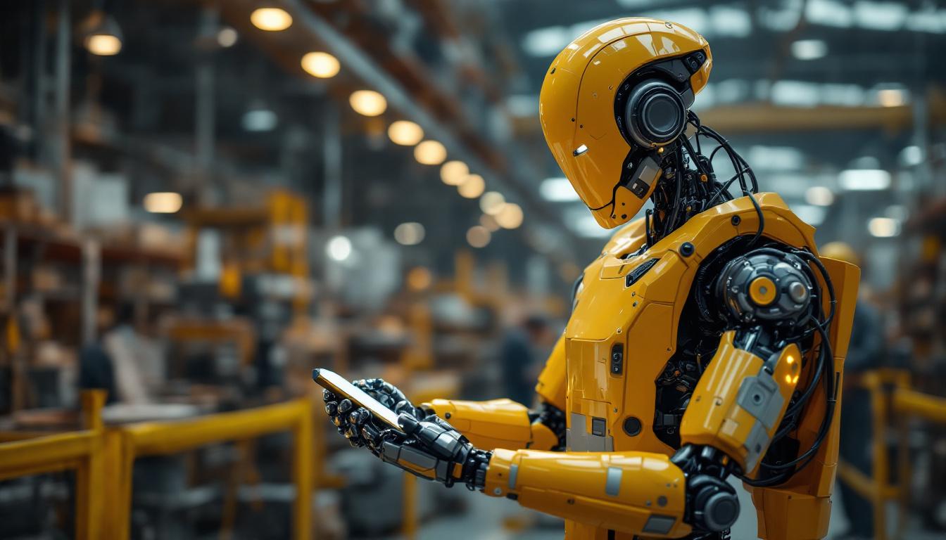A photograph of a humanoid robot interacting with workers in an industrial setting