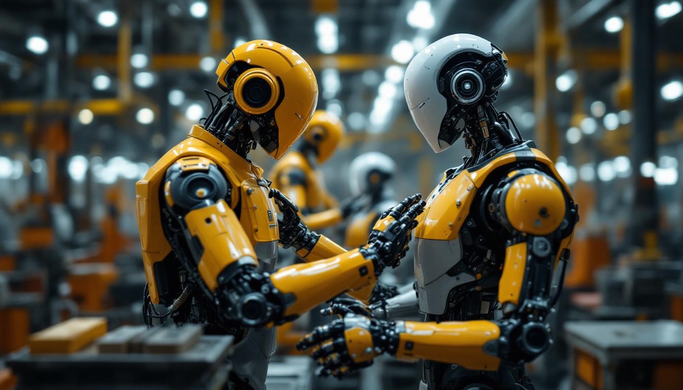 A photograph of a humanoid robot interacting with human workers in an industrial setting
