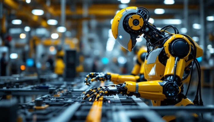 A photograph of a sleek industrial robot in action on a factory floor