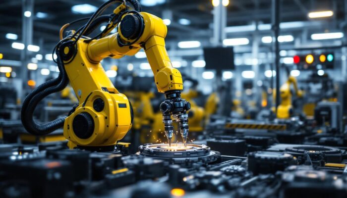 A photograph of a sleek industrial robotic arm in action