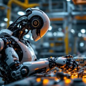 A photograph of a sleek industrial robot in action