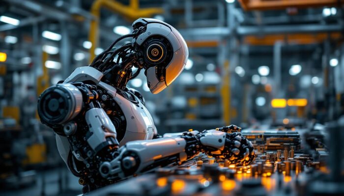 A photograph of a sleek industrial robot in action
